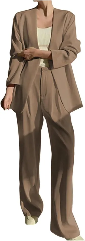 Blazer Sets Women 2 Piece Outfits Casual Loose Long Blazer Jackets and Dressy Wide Leg Pant Suits with Pockets