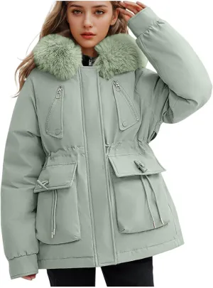 Borniu Women's Winter Puffer Coat Thicken Fleece Lined Down Jacket Faux Fur Detachable Hooded Parka Jacket Outerwear