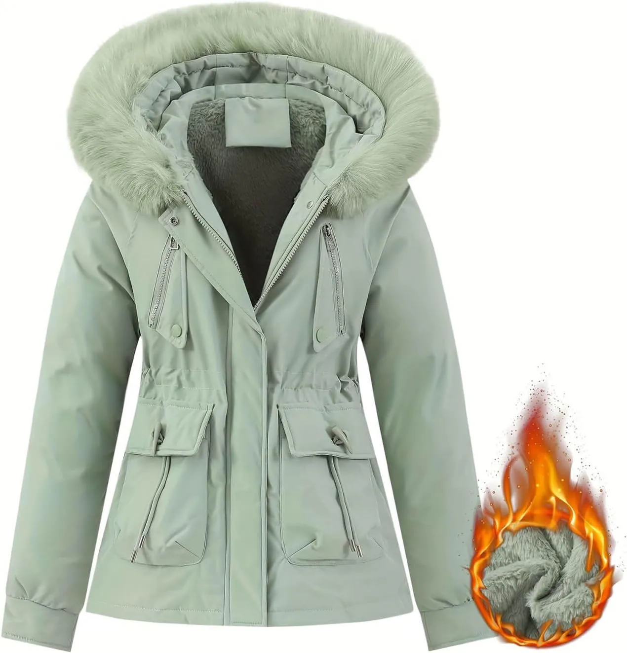 Borniu Women's Winter Puffer Coat Thicken Fleece Lined Down Jacket Faux Fur Detachable Hooded Parka Jacket Outerwear