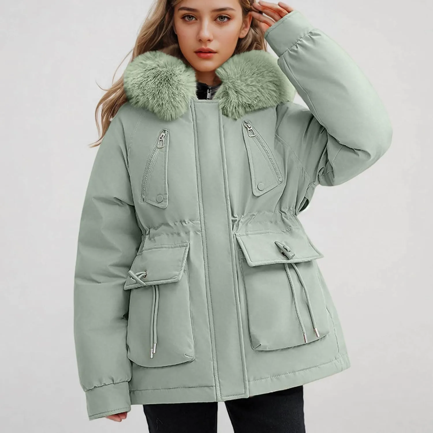 Borniu Women's Winter Puffer Coat Thicken Fleece Lined Down Jacket Faux Fur Detachable Hooded Parka Jacket Outerwear