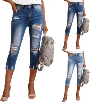 Capri Jeans for Women High Waisted Ripped Stretchy Slim Fit Skinny Jeans Summer Crop Denim Capris Pants with Pockets