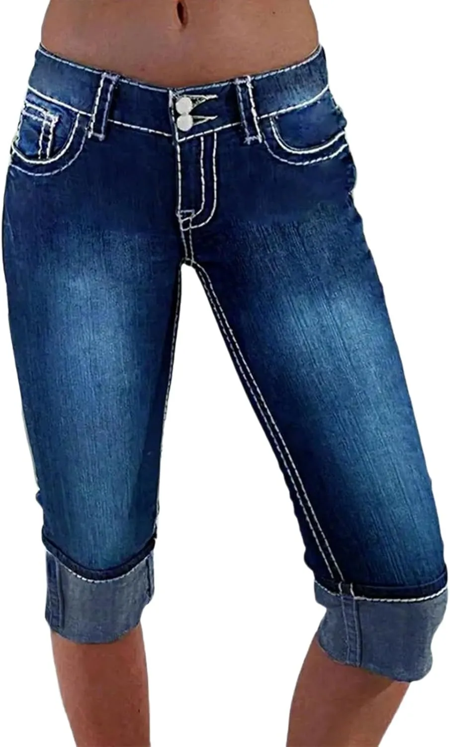 Capri Jeans for Women Stretch Low Rise Ripped Jeans Butt Lifting Wash Raw Hem Distressed Denim Capris with Pockets