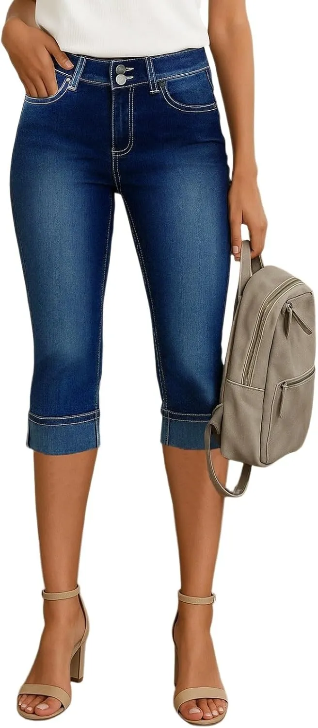 Capri Jeans for Women Stretch Low Rise Ripped Jeans Butt Lifting Wash Raw Hem Distressed Denim Capris with Pockets