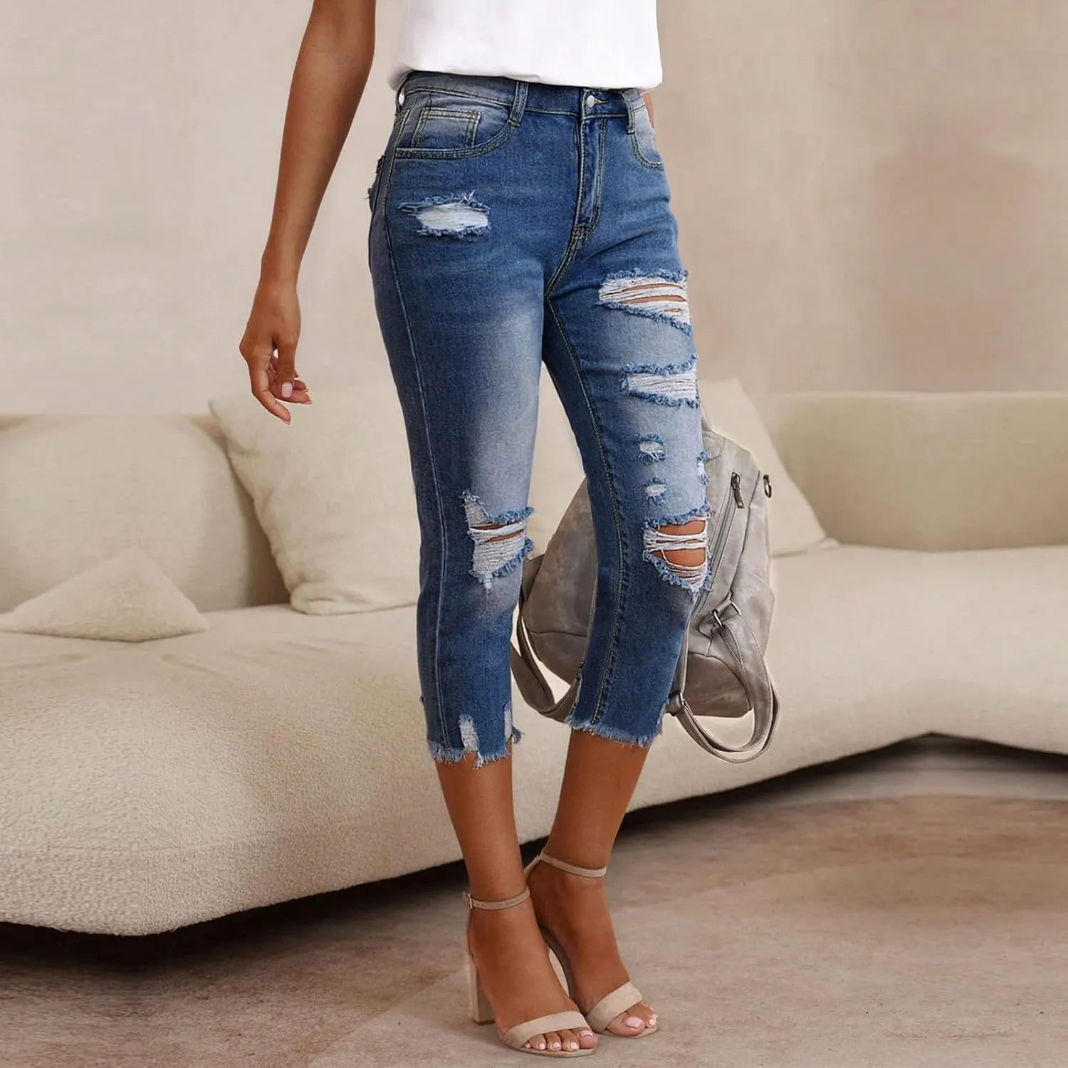 Capri Jeans for Women Stretch Low Rise Ripped Jeans Butt Lifting Wash Raw Hem Distressed Denim Capris with Pockets