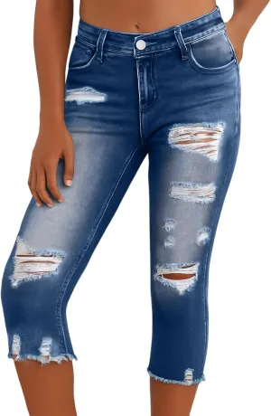 Capri Jeans for Women Stretch Low Rise Ripped Jeans Butt Lifting Wash Raw Hem Distressed Denim Capris with Pockets