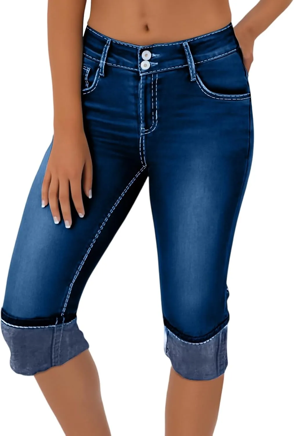 Capri Jeans for Women Stretch Low Rise Ripped Jeans Butt Lifting Wash Raw Hem Distressed Denim Capris with Pockets