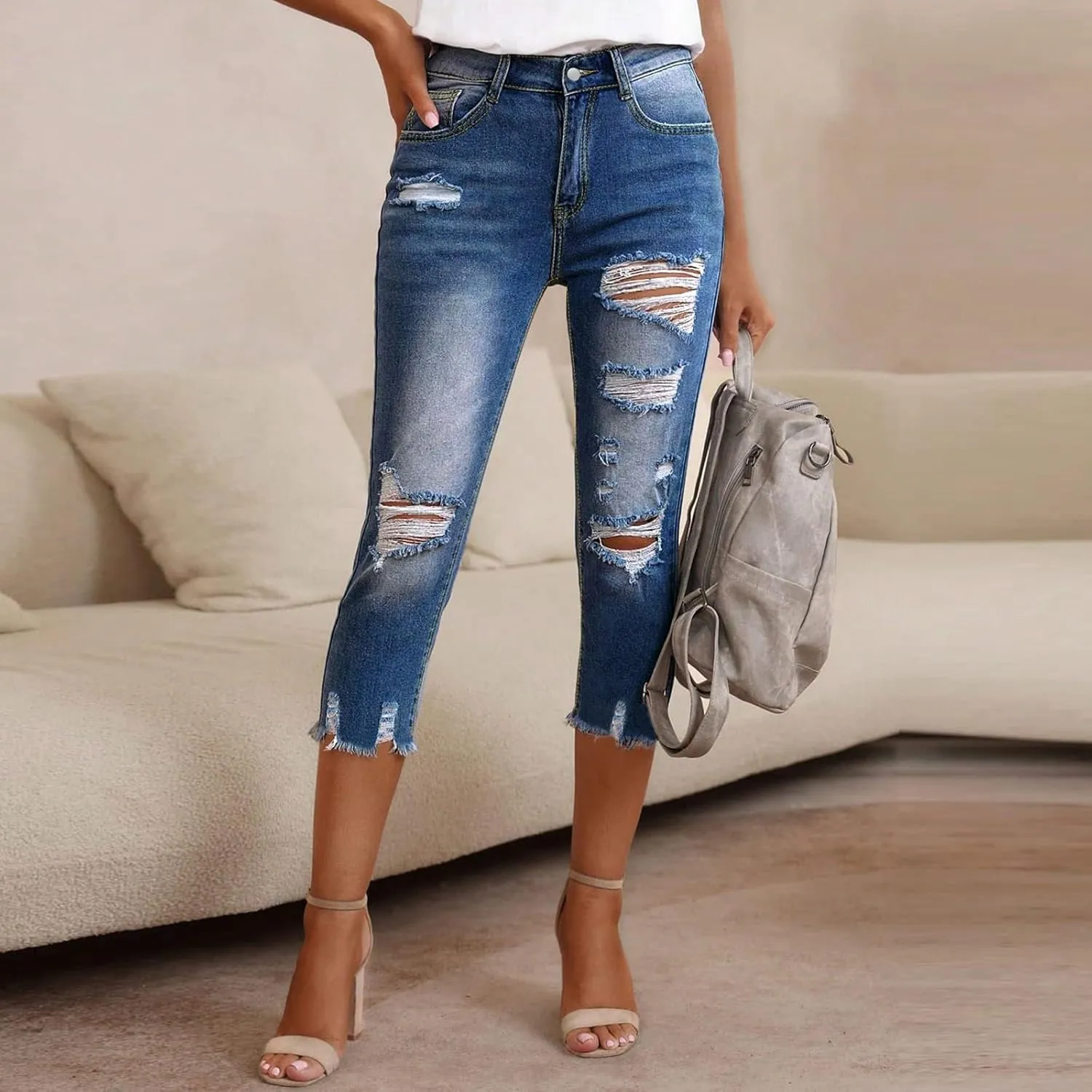 Capri Jeans for Women Stretch Low Rise Ripped Jeans Butt Lifting Wash Raw Hem Distressed Denim Capris with Pockets