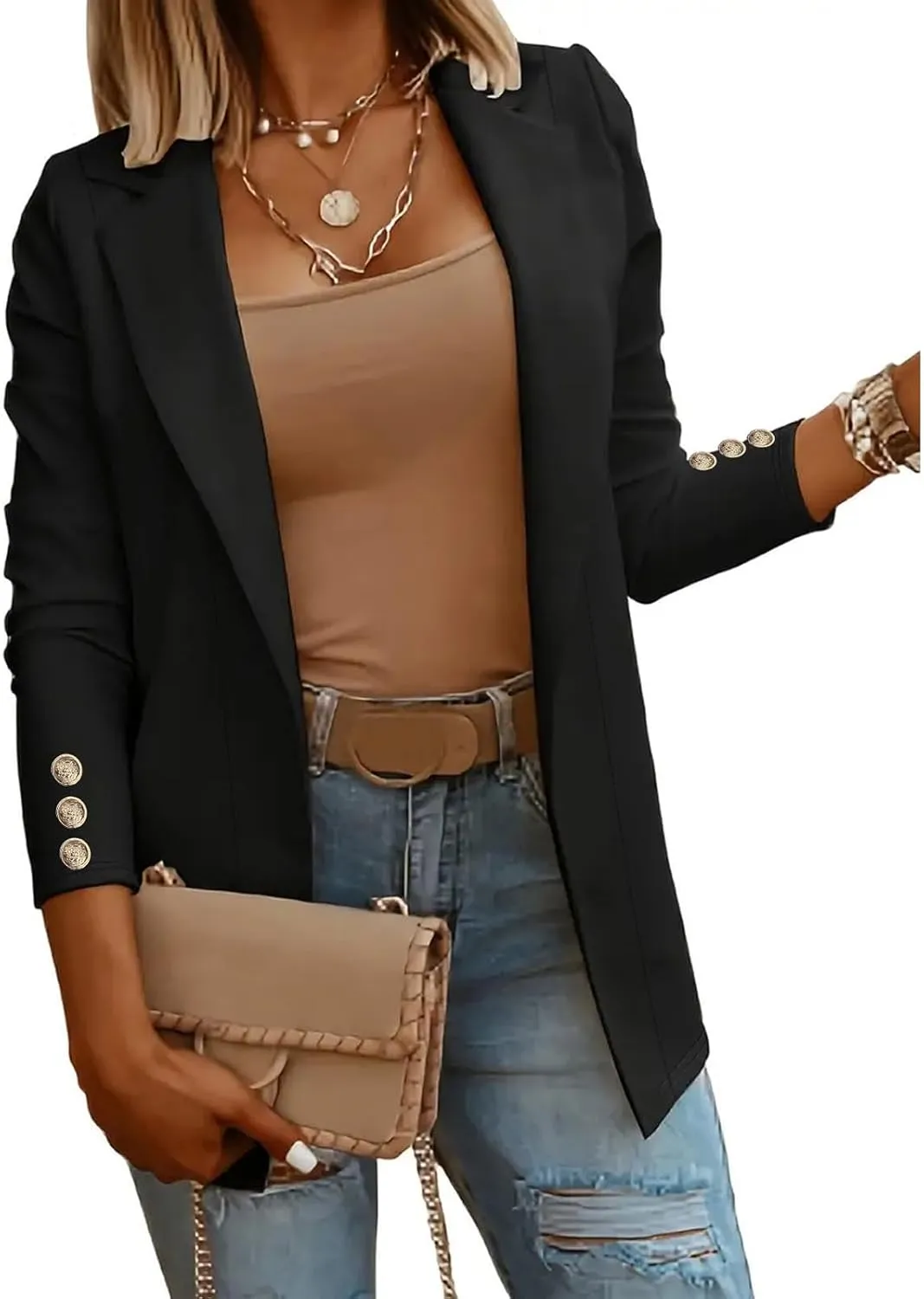 Casual Blazer for Women Fashion Lightweight Professional Work Office Suit Coat Button Solid Color Open Front Clothes