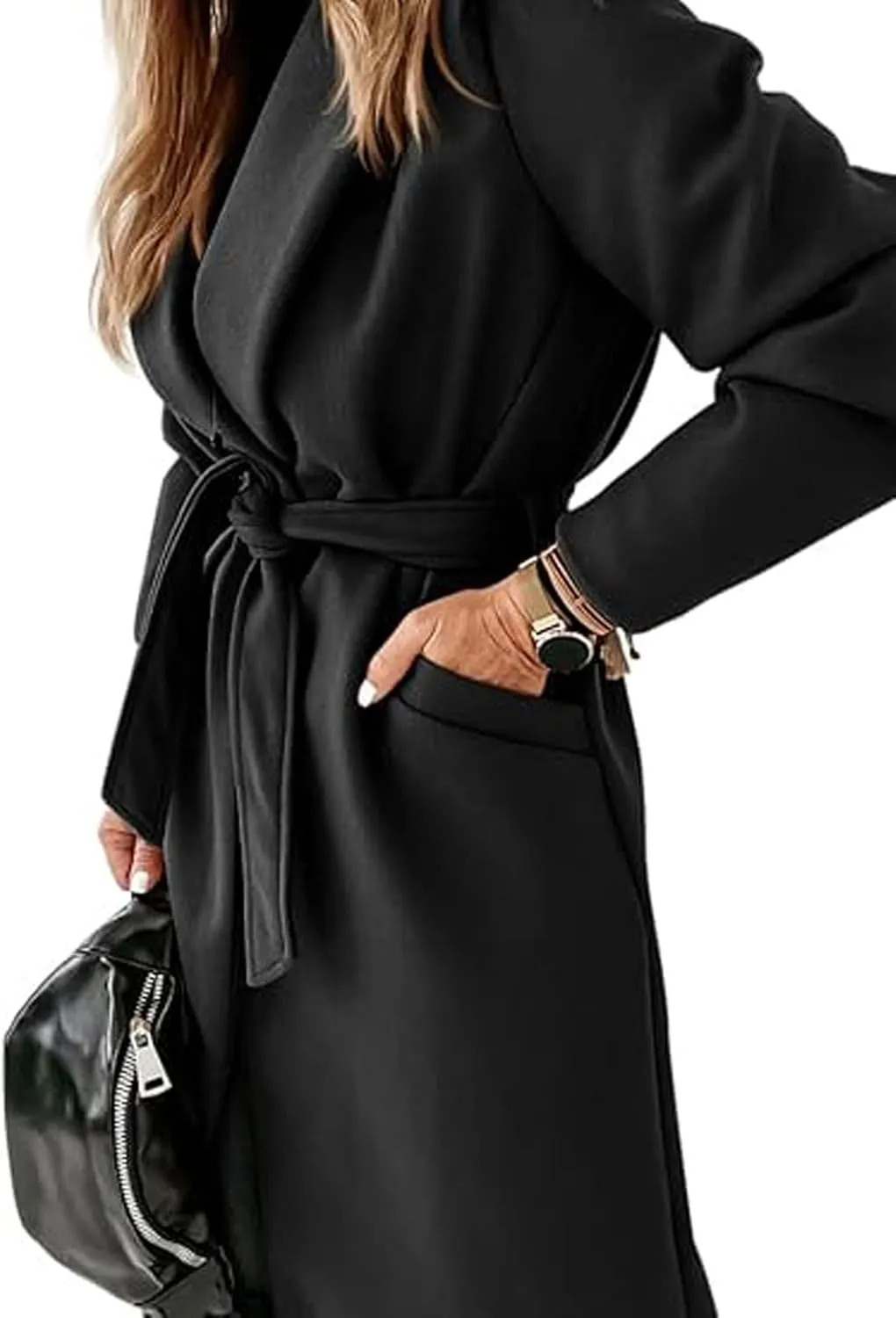 CHARTOU Women Casual Long Trench Coat Open Front Wool Coat Winter Jacket Peacoat Lapel Collar Overcoat with Belt