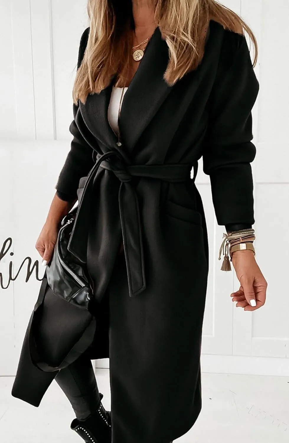 CHARTOU Women Casual Long Trench Coat Open Front Wool Coat Winter Jacket Peacoat Lapel Collar Overcoat with Belt