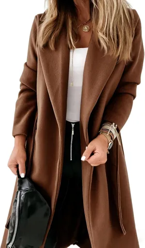 CHARTOU Women Casual Long Trench Coat Open Front Wool Coat Winter Jacket Peacoat Lapel Collar Overcoat with Belt