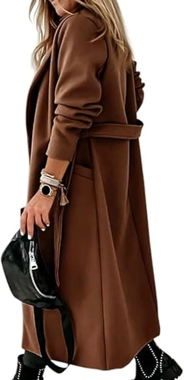 CHARTOU Women Casual Long Trench Coat Open Front Wool Coat Winter Jacket Peacoat Lapel Collar Overcoat with Belt