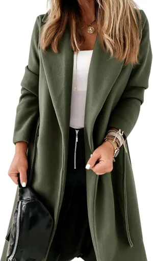 CHARTOU Women Casual Long Trench Coat Open Front Wool Coat Winter Jacket Peacoat Lapel Collar Overcoat with Belt