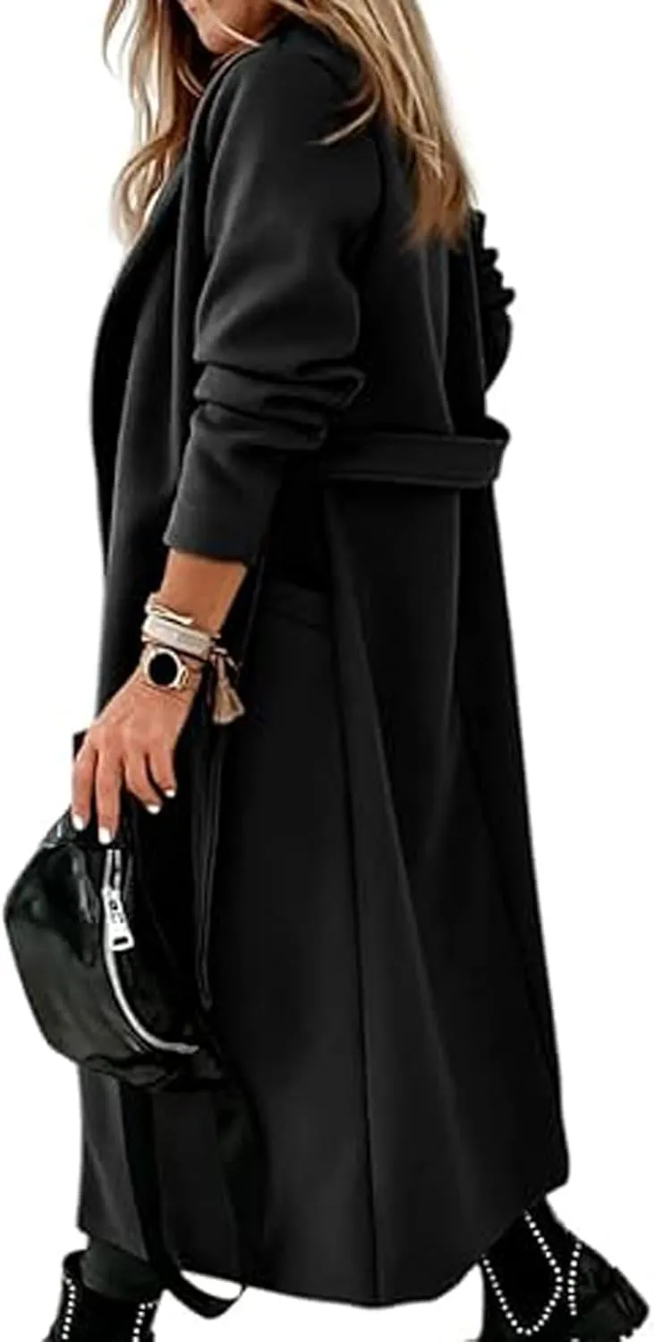 CHARTOU Women Casual Long Trench Coat Open Front Wool Coat Winter Jacket Peacoat Lapel Collar Overcoat with Belt