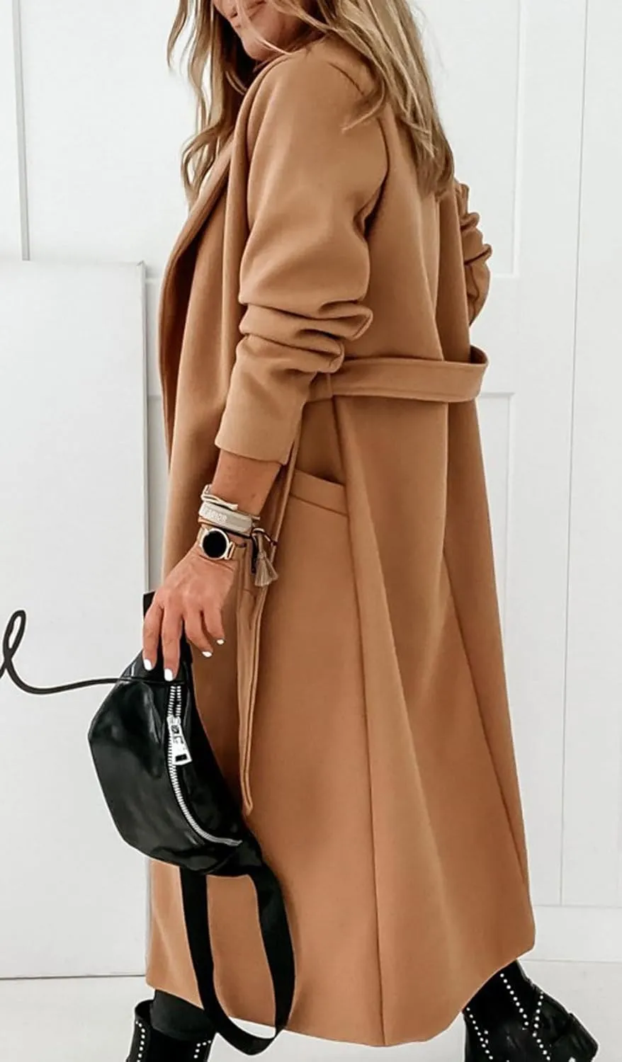 CHARTOU Women Casual Long Trench Coat Open Front Wool Coat Winter Jacket Peacoat Lapel Collar Overcoat with Belt