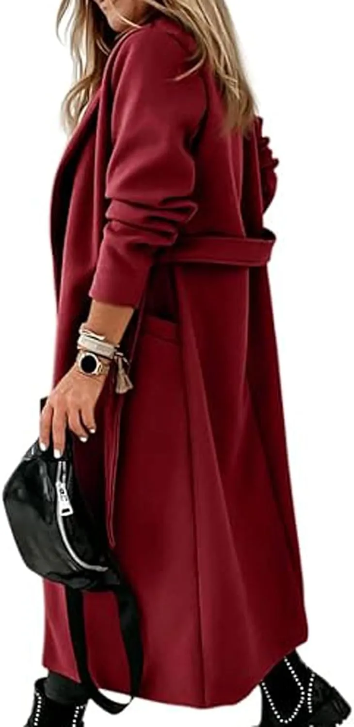 CHARTOU Women Casual Long Trench Coat Open Front Wool Coat Winter Jacket Peacoat Lapel Collar Overcoat with Belt