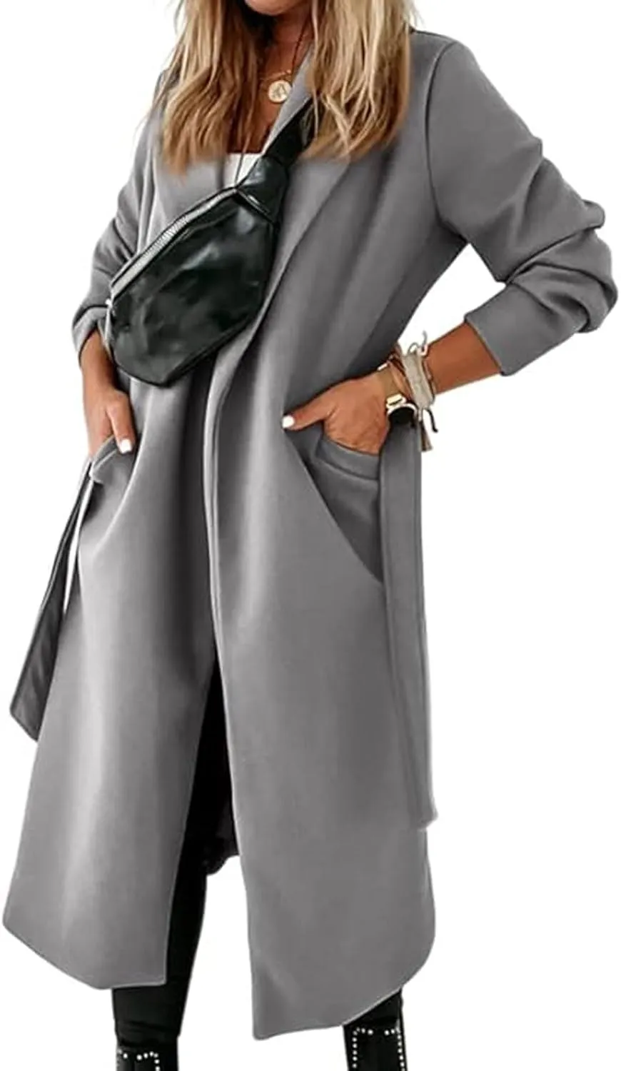 CHARTOU Women Casual Long Trench Coat Open Front Wool Coat Winter Jacket Peacoat Lapel Collar Overcoat with Belt
