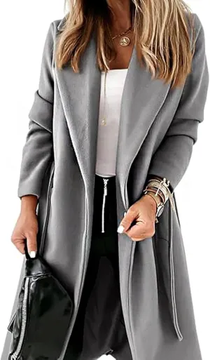 CHARTOU Women Casual Long Trench Coat Open Front Wool Coat Winter Jacket Peacoat Lapel Collar Overcoat with Belt