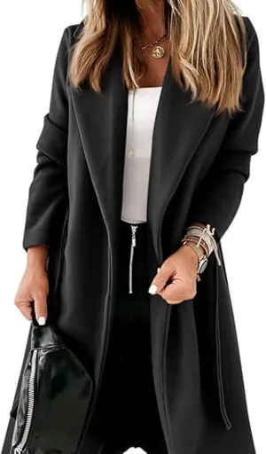 CHARTOU Women Casual Long Trench Coat Open Front Wool Coat Winter Jacket Peacoat Lapel Collar Overcoat with Belt