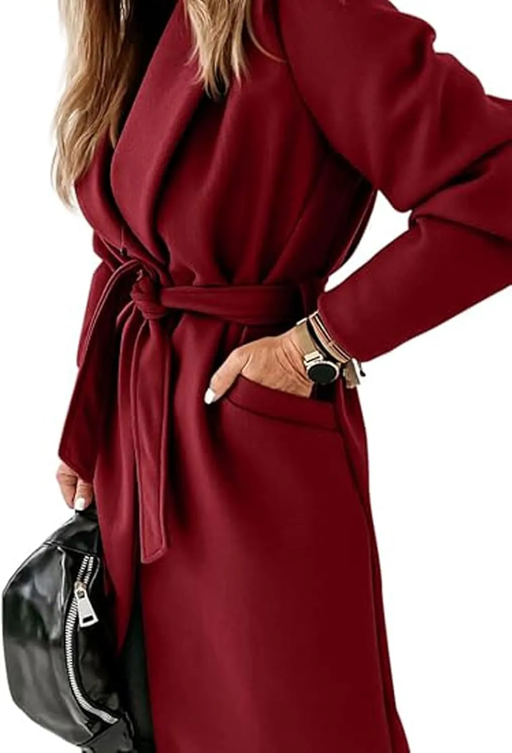 CHARTOU Women Casual Long Trench Coat Open Front Wool Coat Winter Jacket Peacoat Lapel Collar Overcoat with Belt
