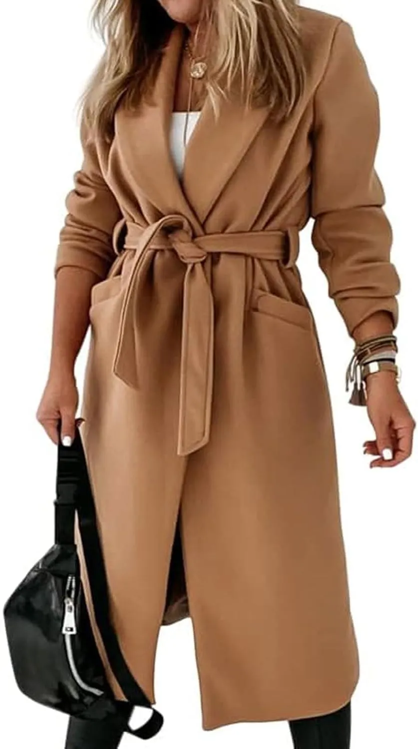 CHARTOU Women Casual Long Trench Coat Open Front Wool Coat Winter Jacket Peacoat Lapel Collar Overcoat with Belt