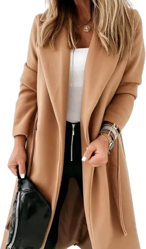 CHARTOU Women Casual Long Trench Coat Open Front Wool Coat Winter Jacket Peacoat Lapel Collar Overcoat with Belt