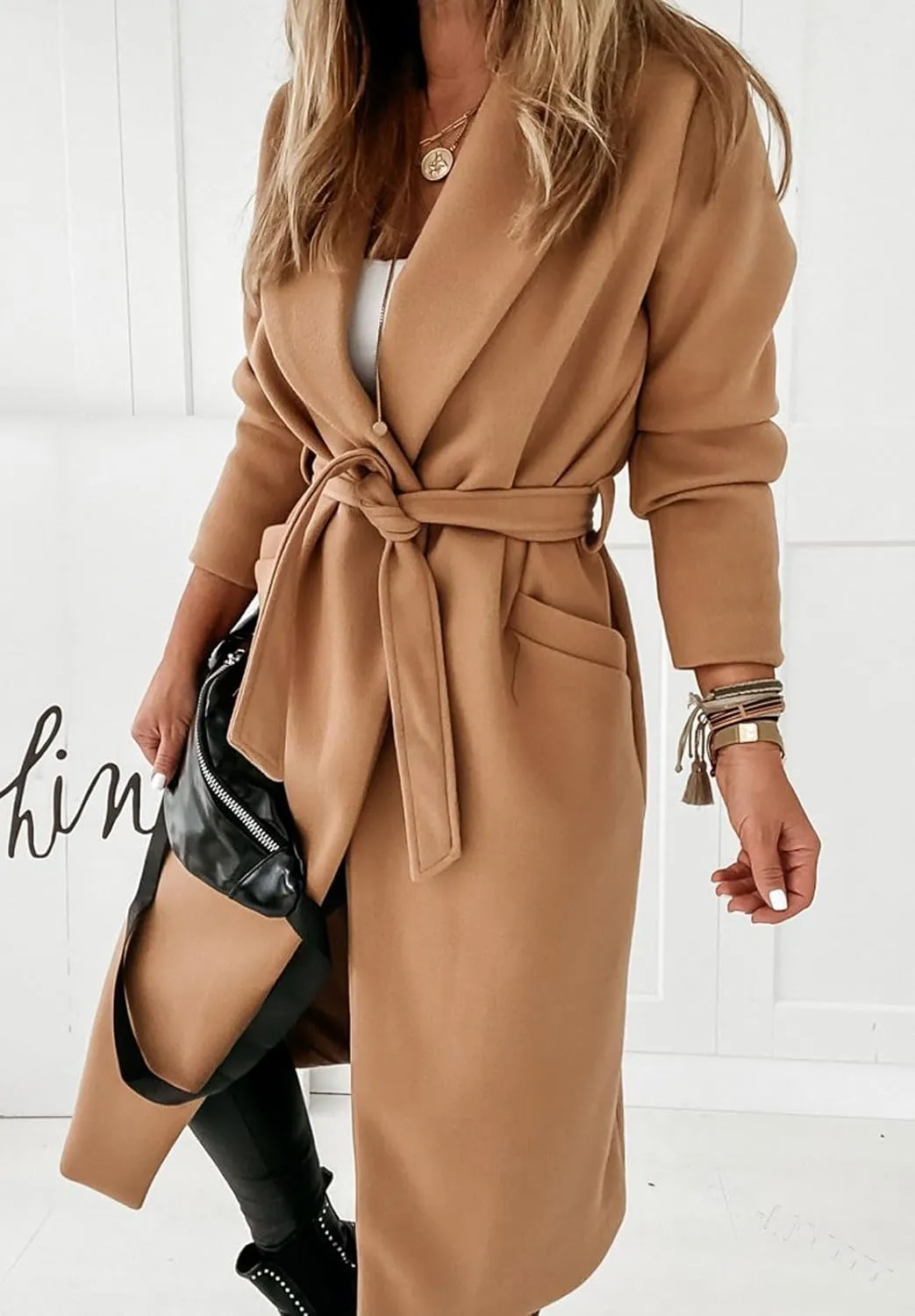CHARTOU Women Casual Long Trench Coat Open Front Wool Coat Winter Jacket Peacoat Lapel Collar Overcoat with Belt