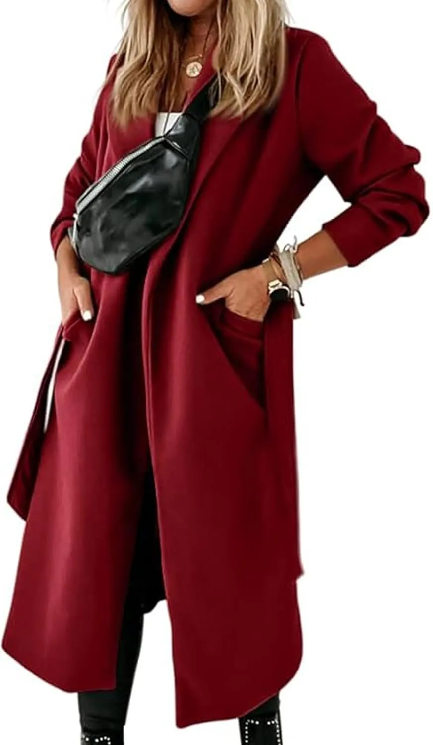 CHARTOU Women Casual Long Trench Coat Open Front Wool Coat Winter Jacket Peacoat Lapel Collar Overcoat with Belt