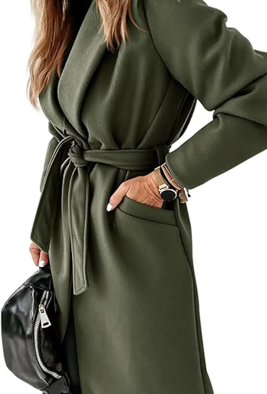 CHARTOU Women Casual Long Trench Coat Open Front Wool Coat Winter Jacket Peacoat Lapel Collar Overcoat with Belt