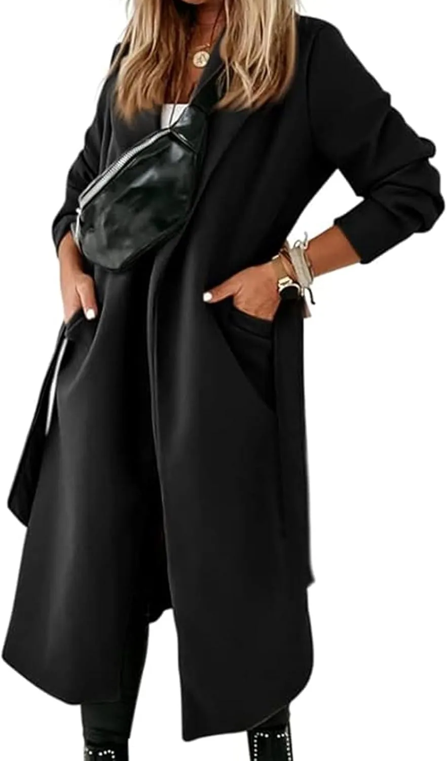 CHARTOU Women Casual Long Trench Coat Open Front Wool Coat Winter Jacket Peacoat Lapel Collar Overcoat with Belt