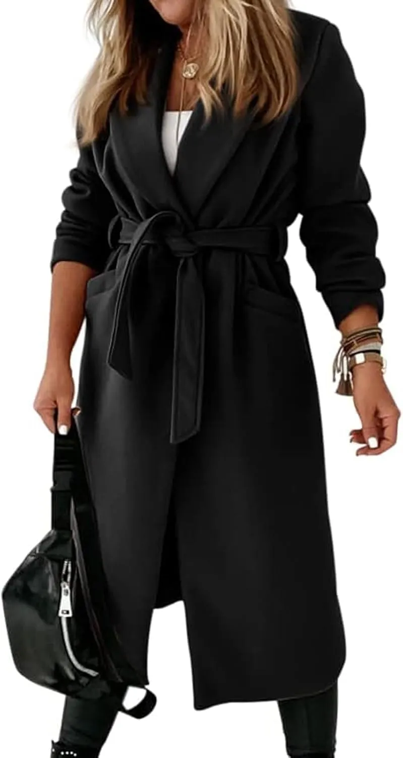 CHARTOU Women Casual Long Trench Coat Open Front Wool Coat Winter Jacket Peacoat Lapel Collar Overcoat with Belt