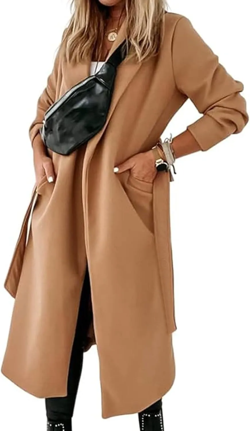 CHARTOU Women Casual Long Trench Coat Open Front Wool Coat Winter Jacket Peacoat Lapel Collar Overcoat with Belt
