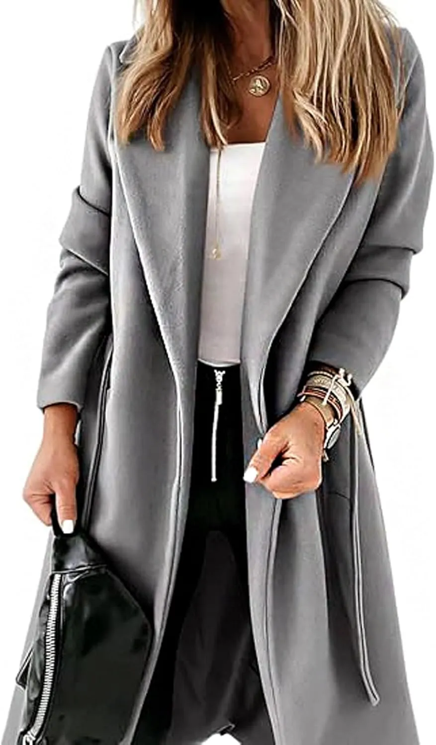 CHARTOU Women Casual Long Trench Coat Open Front Wool Coat Winter Jacket Peacoat Lapel Collar Overcoat with Belt