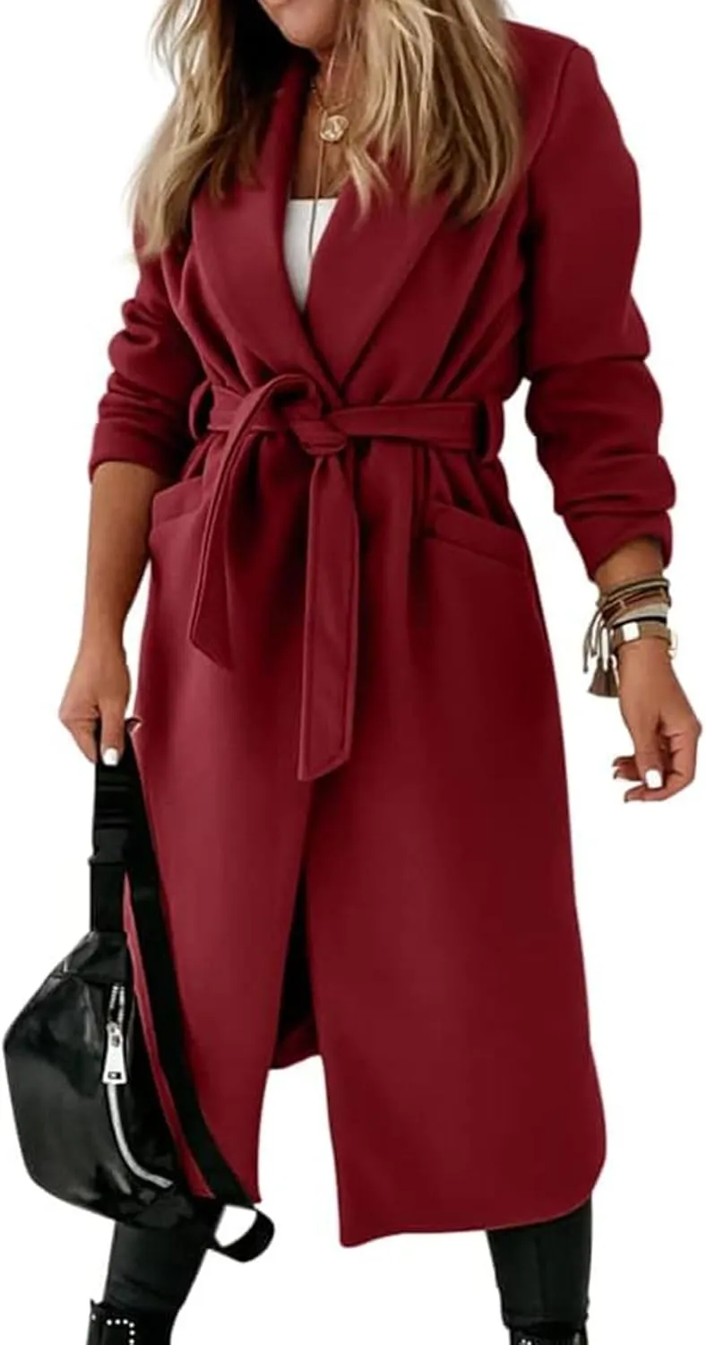 CHARTOU Women Casual Long Trench Coat Open Front Wool Coat Winter Jacket Peacoat Lapel Collar Overcoat with Belt