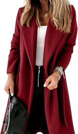 CHARTOU Women Casual Long Trench Coat Open Front Wool Coat Winter Jacket Peacoat Lapel Collar Overcoat with Belt