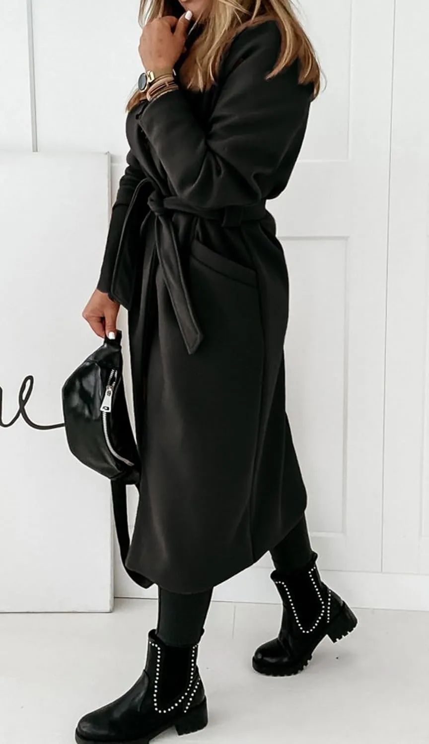 CHARTOU Women Casual Long Trench Coat Open Front Wool Coat Winter Jacket Peacoat Lapel Collar Overcoat with Belt