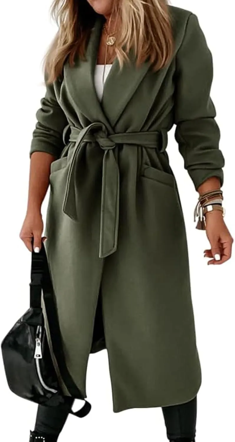 CHARTOU Women Casual Long Trench Coat Open Front Wool Coat Winter Jacket Peacoat Lapel Collar Overcoat with Belt