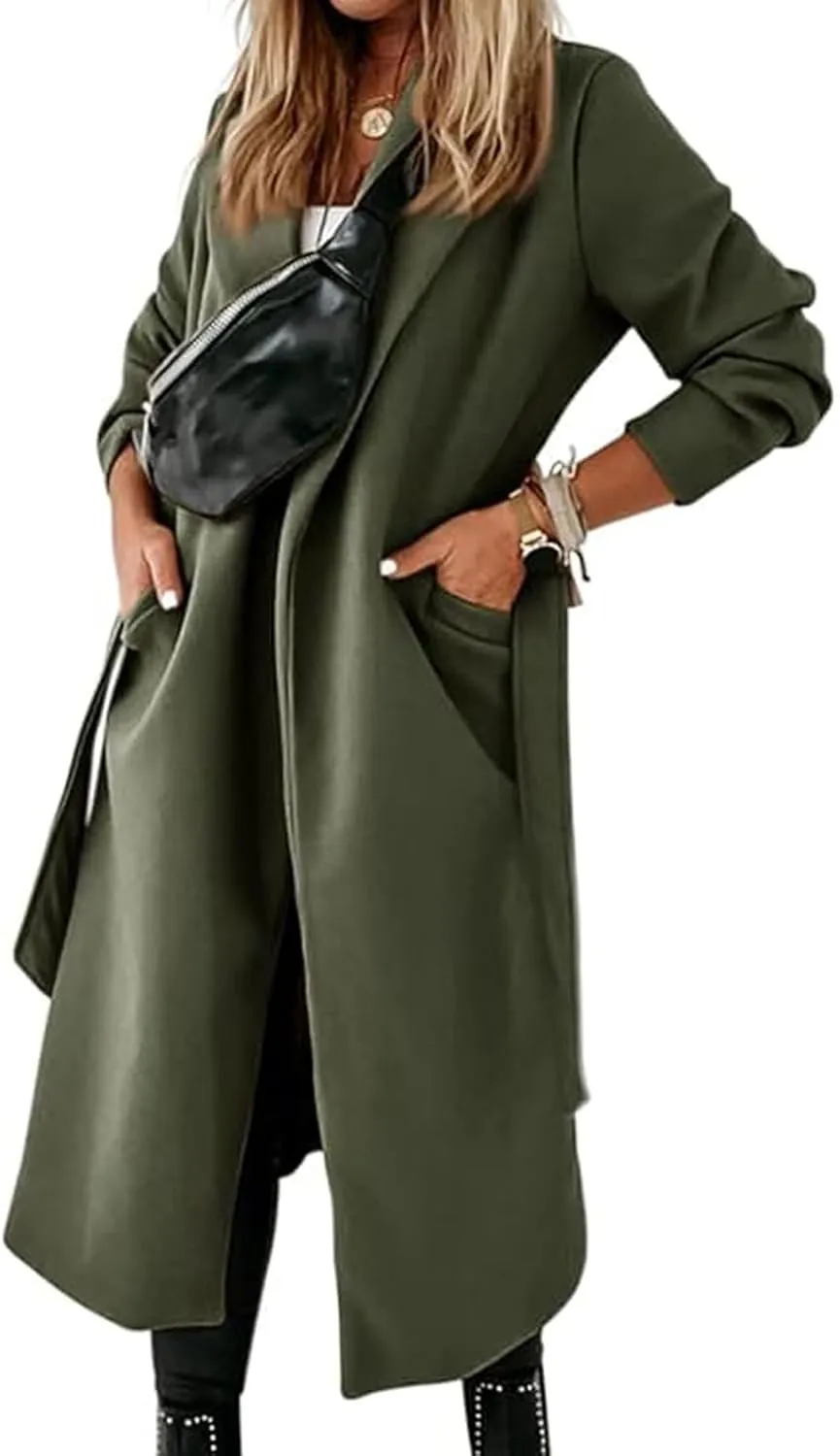 CHARTOU Women Casual Long Trench Coat Open Front Wool Coat Winter Jacket Peacoat Lapel Collar Overcoat with Belt