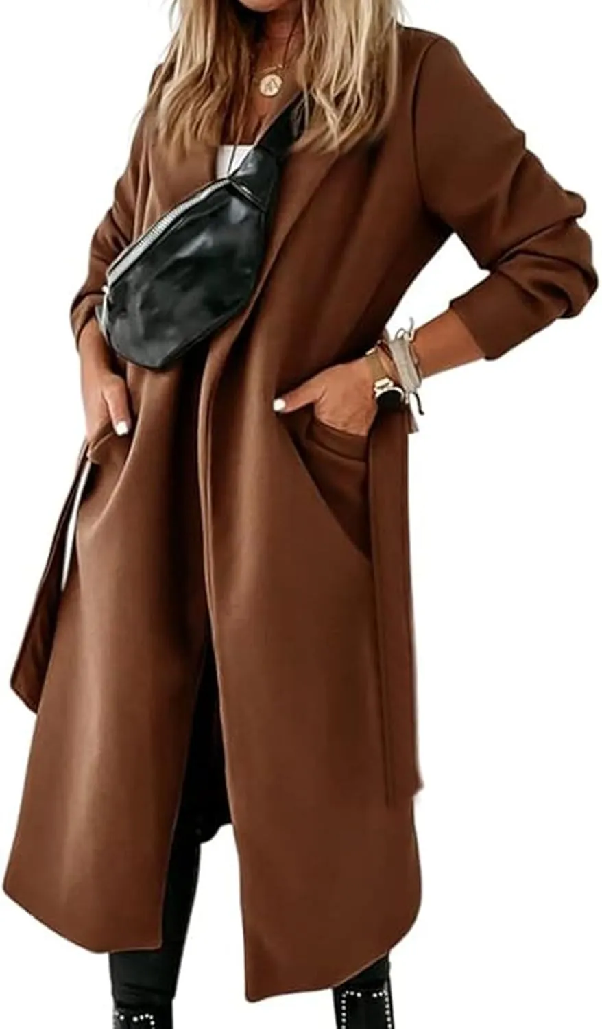 CHARTOU Women Casual Long Trench Coat Open Front Wool Coat Winter Jacket Peacoat Lapel Collar Overcoat with Belt