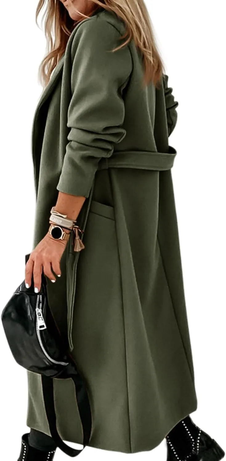 CHARTOU Women Casual Long Trench Coat Open Front Wool Coat Winter Jacket Peacoat Lapel Collar Overcoat with Belt