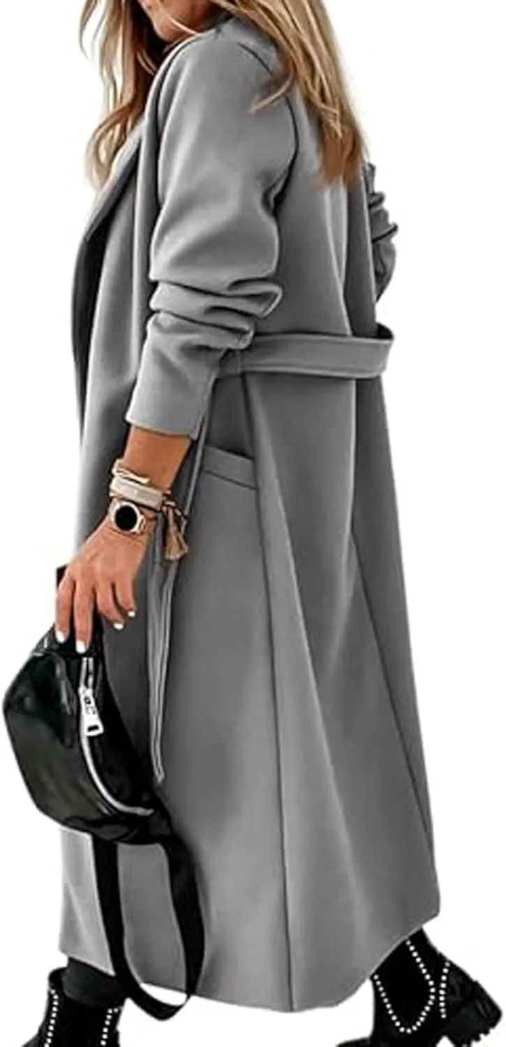 CHARTOU Women Casual Long Trench Coat Open Front Wool Coat Winter Jacket Peacoat Lapel Collar Overcoat with Belt