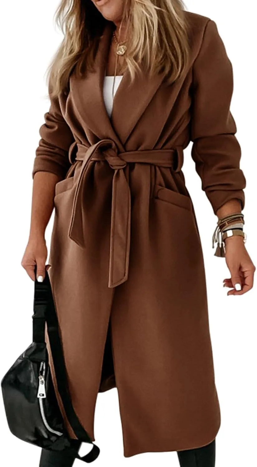 CHARTOU Women Casual Long Trench Coat Open Front Wool Coat Winter Jacket Peacoat Lapel Collar Overcoat with Belt