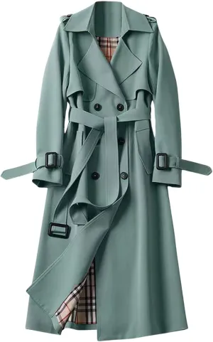 CHARTOU Women Double Breasted Mid Long Trench Coat with Belt Lightweight Windbreaker Long Duster Trenchcoat (Small,Green)