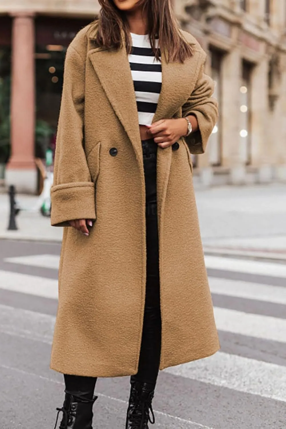 CHARTOU Women Loose Long Wool Coat Notched Lapel Peacoat Woolen Jacket Winter Warm Overcoat Pea Coat Trench Coat