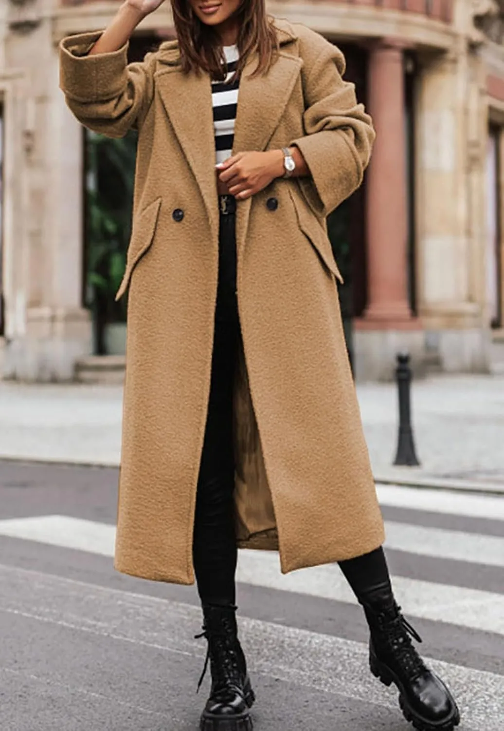 CHARTOU Women Loose Long Wool Coat Notched Lapel Peacoat Woolen Jacket Winter Warm Overcoat Pea Coat Trench Coat