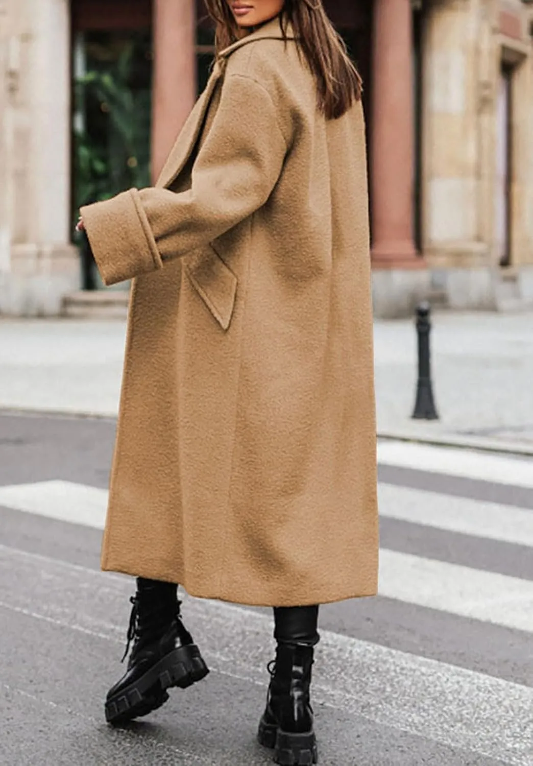 CHARTOU Women Loose Long Wool Coat Notched Lapel Peacoat Woolen Jacket Winter Warm Overcoat Pea Coat Trench Coat