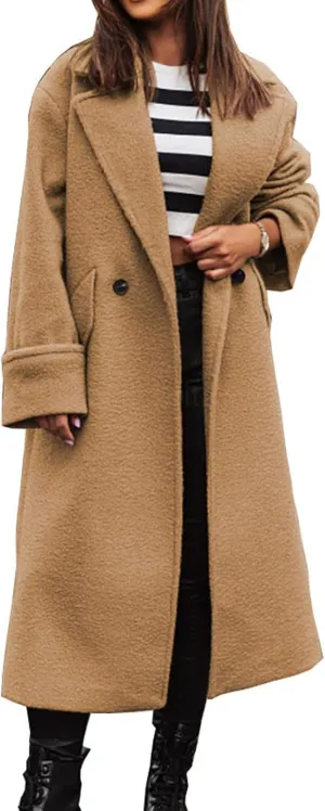 CHARTOU Women Loose Long Wool Coat Notched Lapel Peacoat Woolen Jacket Winter Warm Overcoat Pea Coat Trench Coat