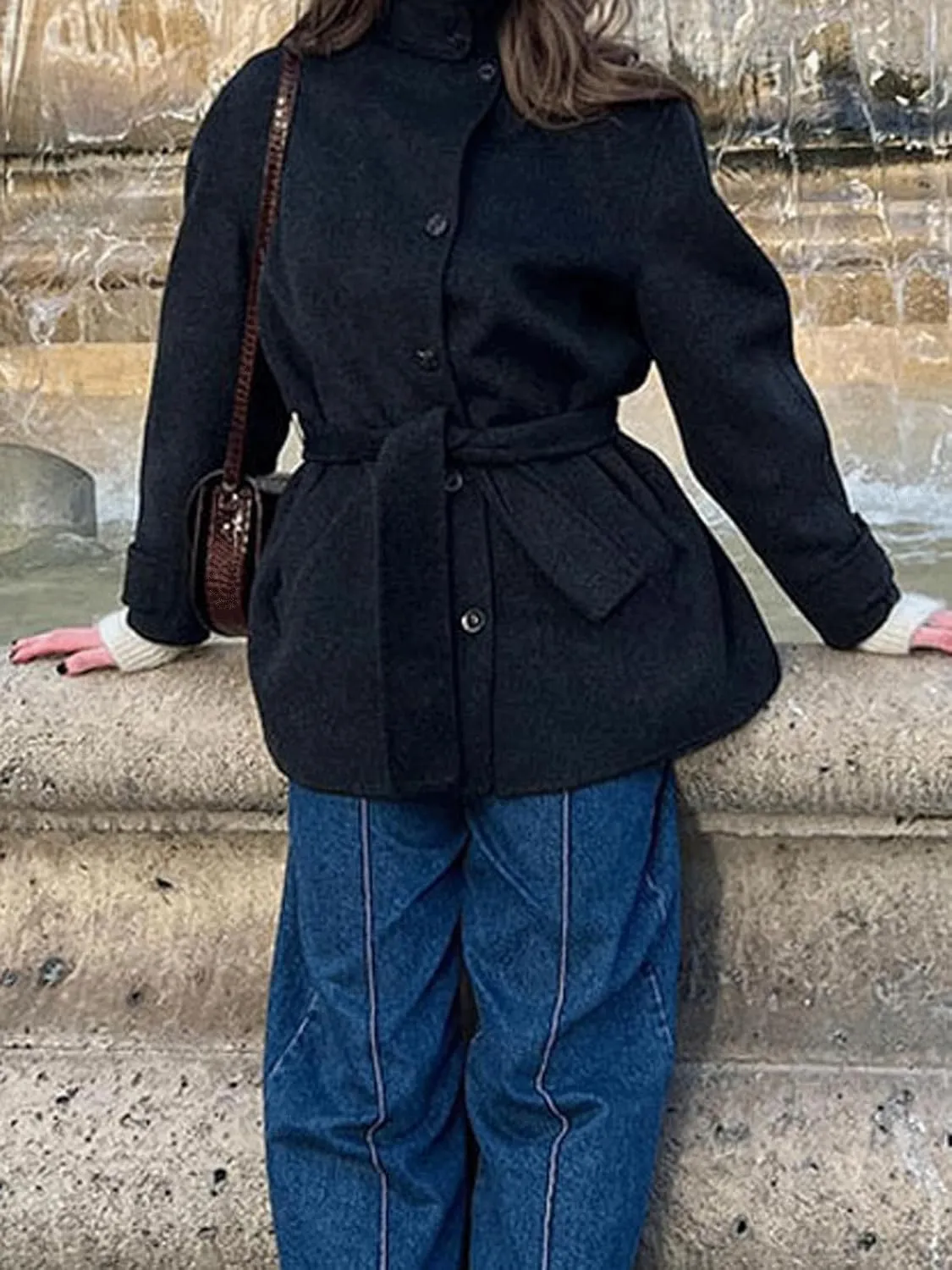 CHARTOU Women's Belted Midi Long Pea Coat Jacket Wool Blend Tweed Overcoat Button Up Stand Collar Coatigan