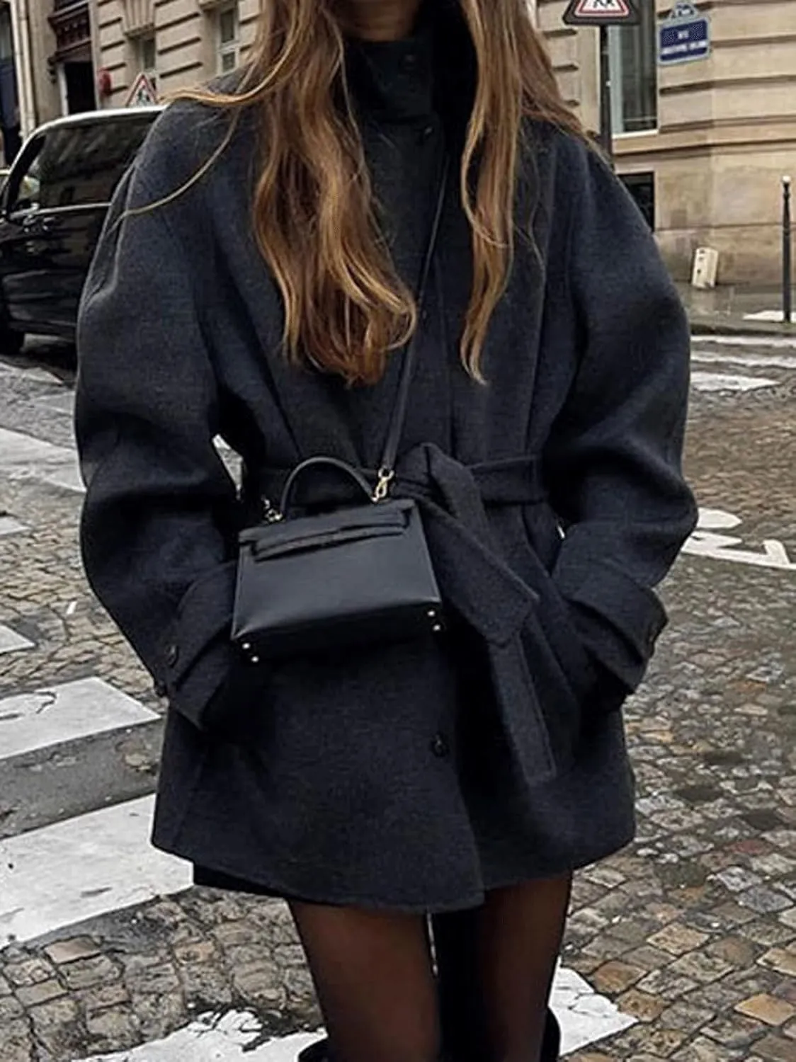 CHARTOU Women's Belted Midi Long Pea Coat Jacket Wool Blend Tweed Overcoat Button Up Stand Collar Coatigan