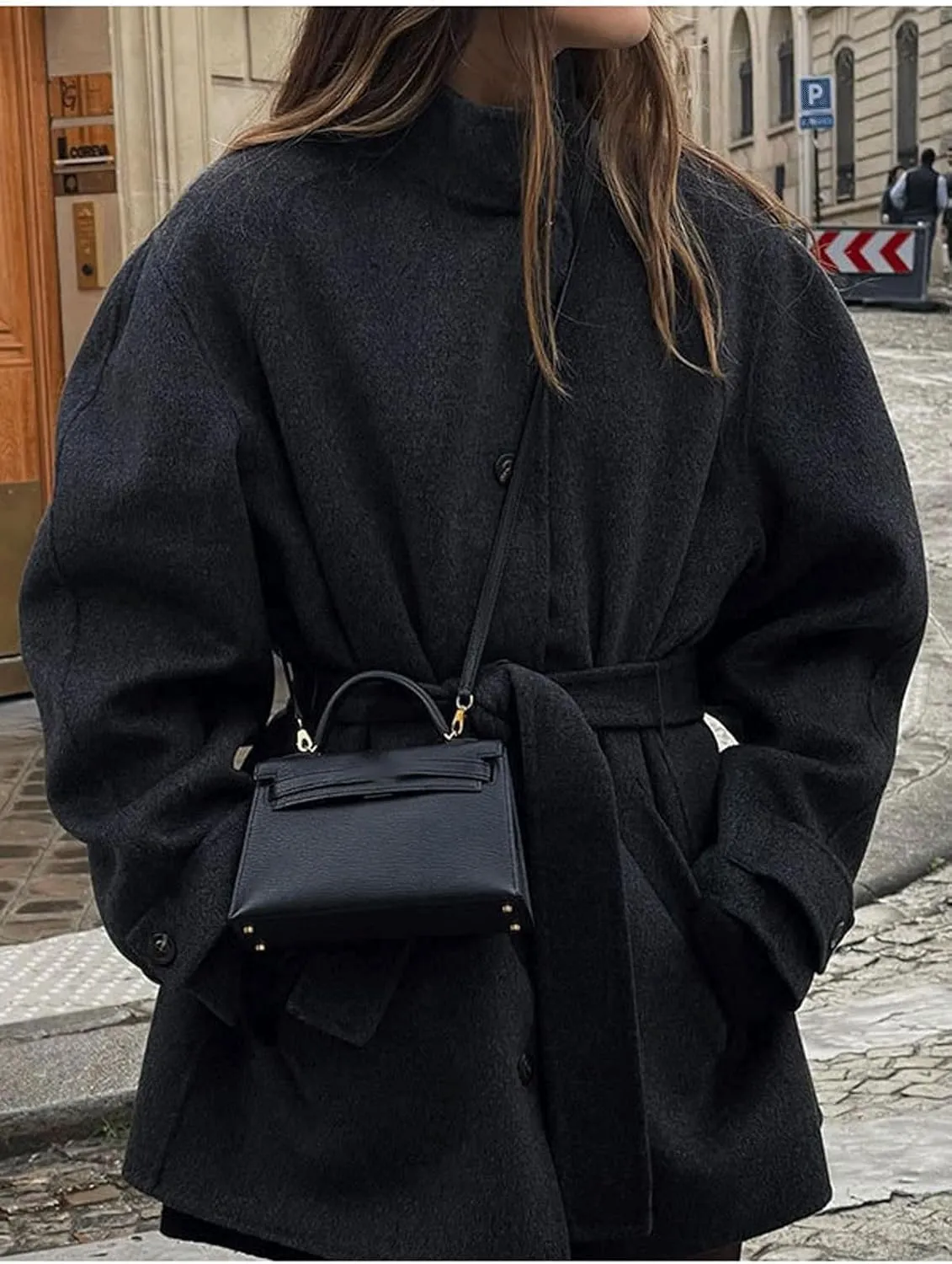 CHARTOU Women's Belted Midi Long Pea Coat Jacket Wool Blend Tweed Overcoat Button Up Stand Collar Coatigan